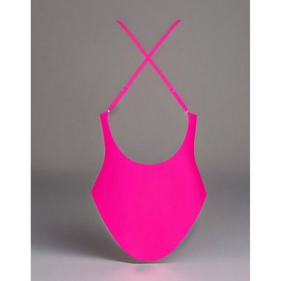 Cupshe Women’s Medium One Piece Swimsuit Hot Pink Plunge V Neck Crisscross Back - Picture 5 of 8